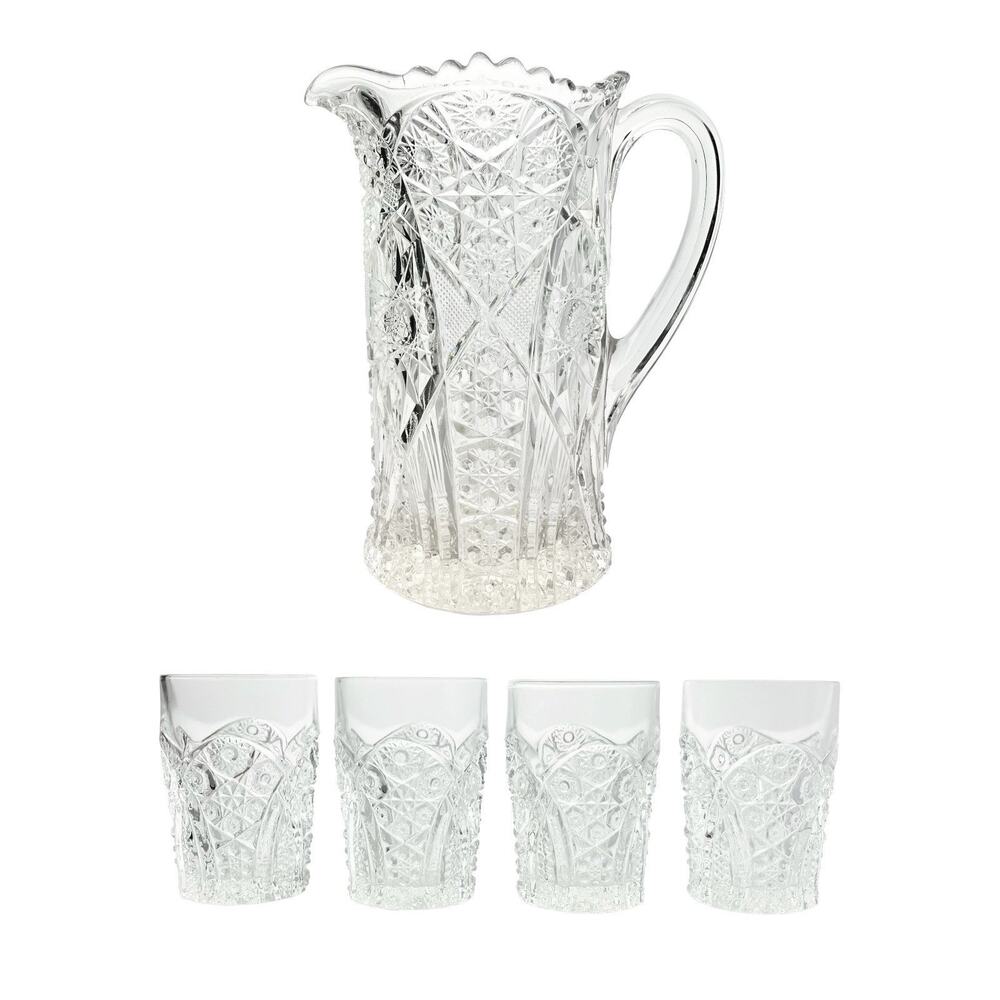 1910s Antique McKee “Fentec (Clear)” 5-Piece Pitcher & Tumbler Glasses Set EAPG